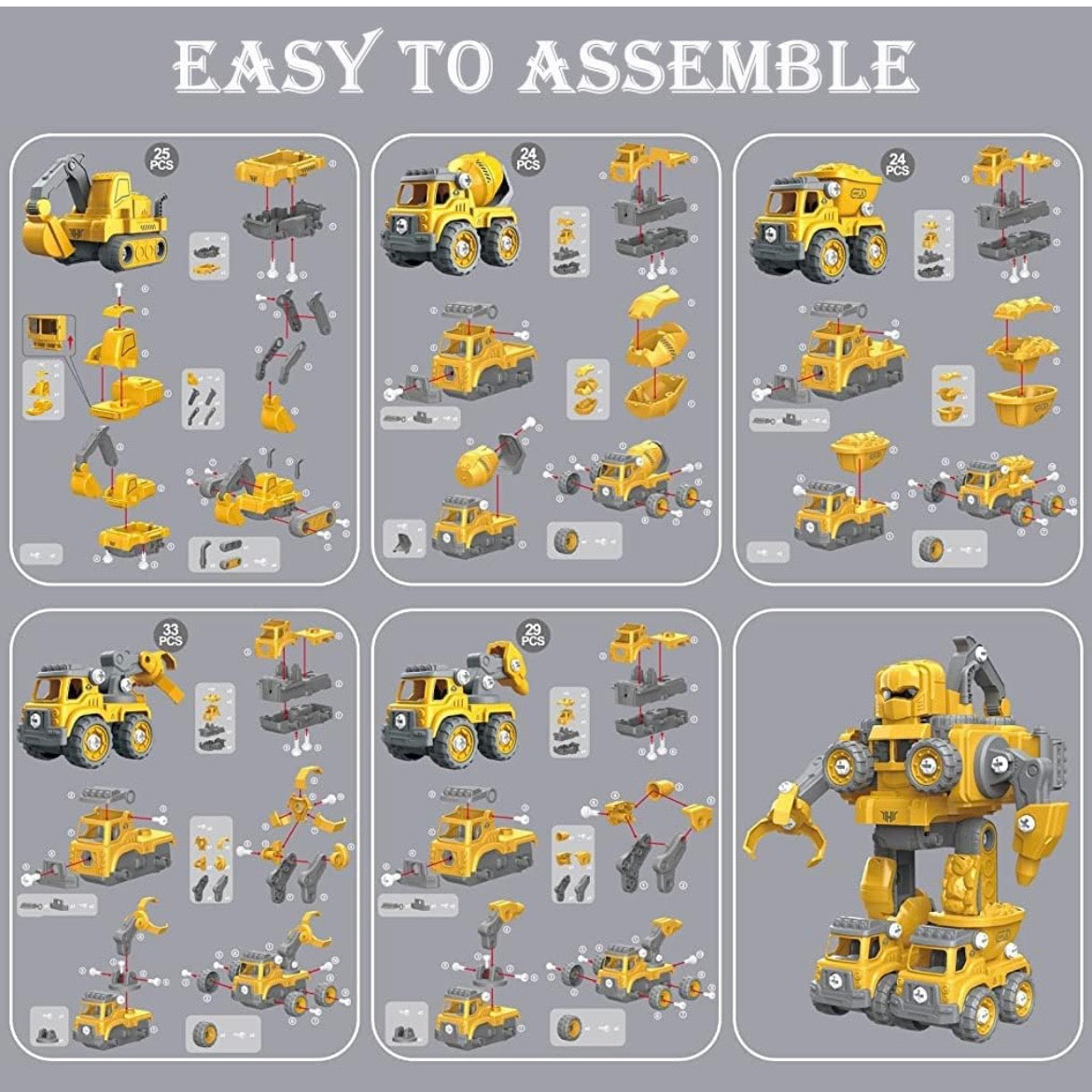5-in-1 Take Apart Transformer Robot Toys for Kids | STEM Construction Set with Light & Music | DIY Excavator, Dump Truck, Cement Mixer, Crane | Educational Gift for Boys Ages 3–8 (Yellow)