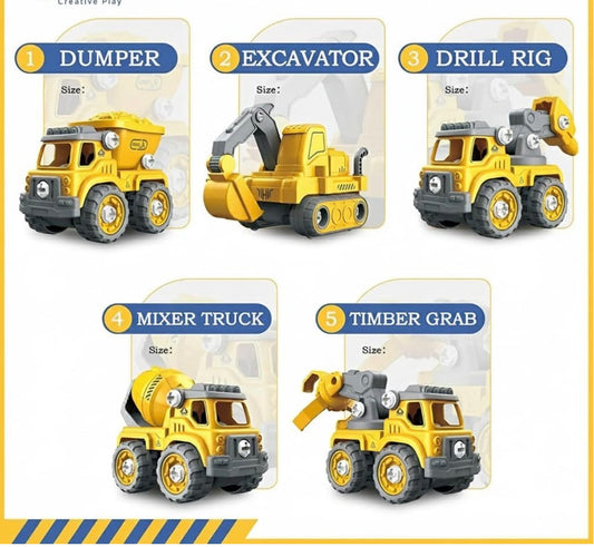 5-in-1 Take Apart Transformer Robot Toys for Kids | STEM Construction Set with Light & Music | DIY Excavator, Dump Truck, Cement Mixer, Crane | Educational Gift for Boys Ages 3–8 (Yellow)