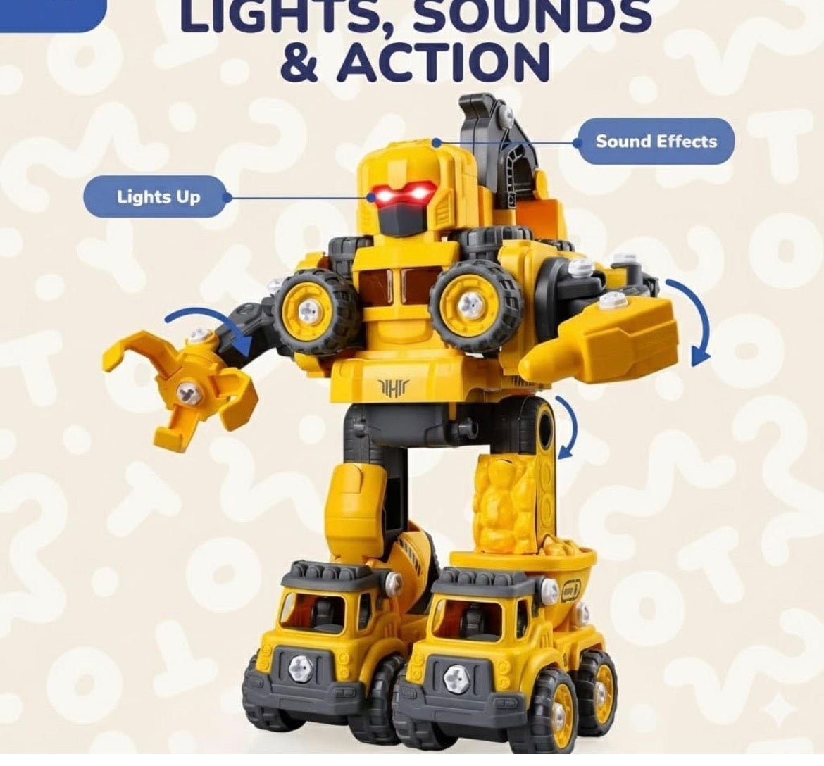 5-in-1 Take Apart Transformer Robot Toys for Kids | STEM Construction Set with Light & Music | DIY Excavator, Dump Truck, Cement Mixer, Crane | Educational Gift for Boys Ages 3–8 (Yellow)